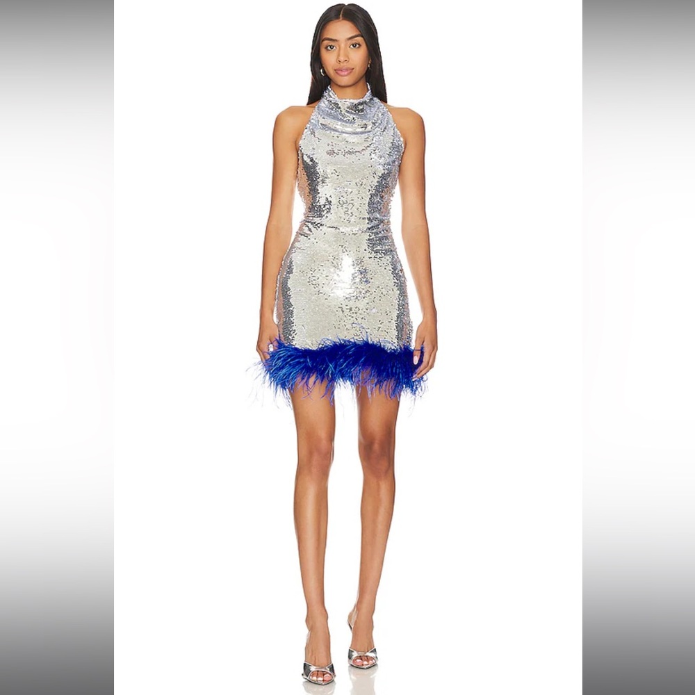 Amanda Uprichard Metallic Sequin Mini Dress with Blue Feather Trim